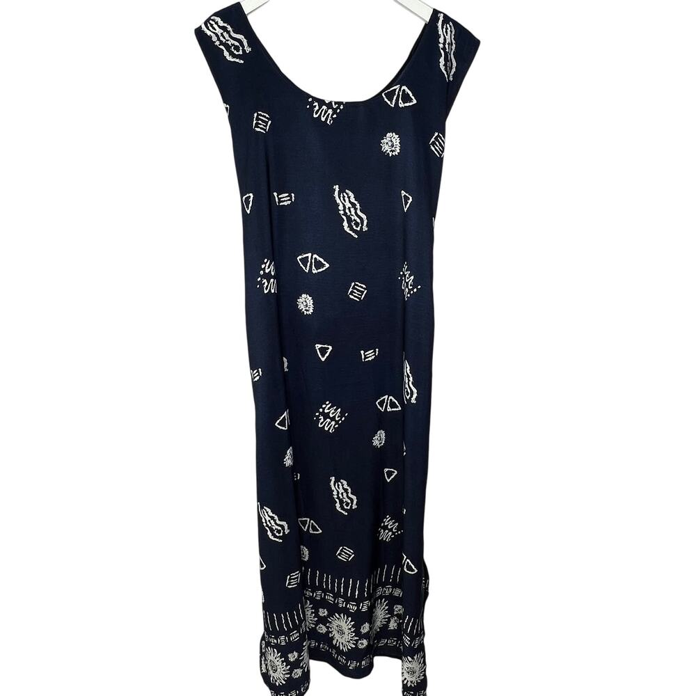 Vintage Looking Good Sleeveless Maxi Dress Navy Blue Size 2X Tie Belt Sun Tribal